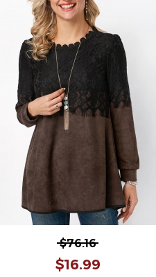 Lace Panel Round Neck Long Sleeve T Shirt