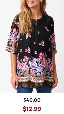 Split Neck Floral Print Lace Stitching Blouse