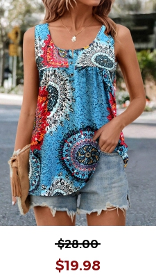Light Blue Button Tribal Print Tank Top