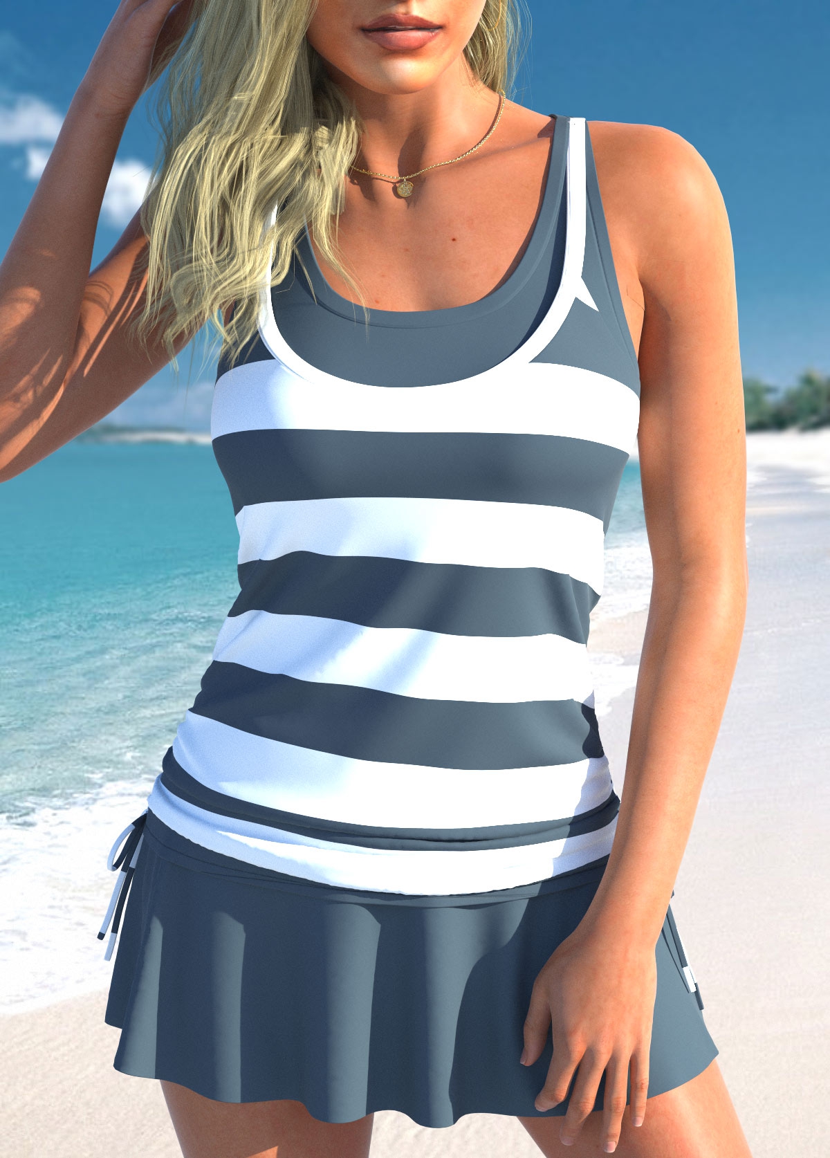 Fake 2in1 Striped Dark Grey Tankini Top