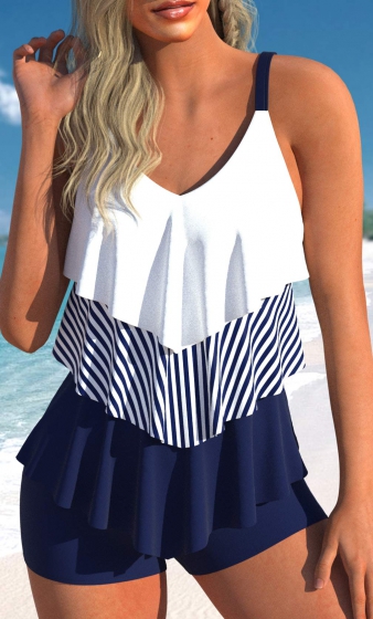 Handkerchief Hem Navy Contrast Tankini Top