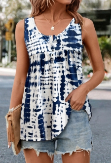 Dark Blue Button Tie Dye Print Tank Top