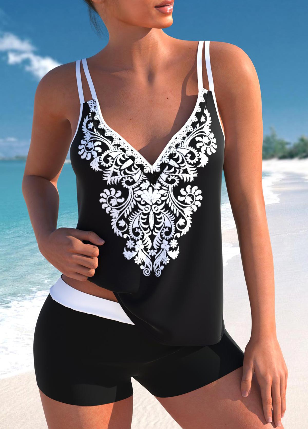 Tribal Print Black Double Straps Tankini Top