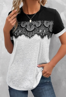 Grey Lace Short Sleeve Round Neck T Shirt