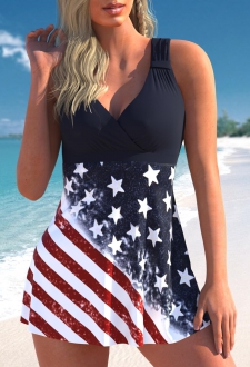 Ruched American Flag Print Multi Color Swimdress Top