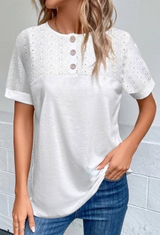 White Embroidery Short Sleeve Round Neck Blouse