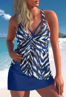 Criss Cross Animal Print Blue Tankini Top