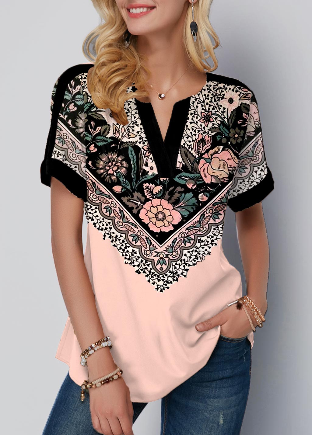 Floral Print Split Neck Light Pink T Shirt