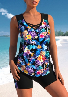 Floral Print Black Cross Strap Tankini Set