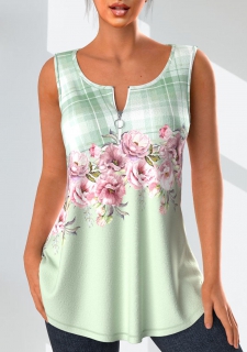 Light Green Zipper Floral Print Tank Top