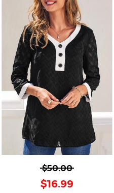 Color Block Decorative Button 3/4 Sleeve Blouse