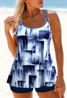 Metal Ring Geometric Print Navy Tankini Top