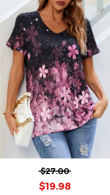 Floral Print Pink V Neck T Shirt