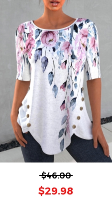 Decorative Button Floral Print Petal Hem T Shirt