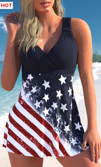 Ruched American Flag Print Multi Color Swimdress Top