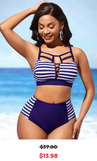 Stripe Print Navy Blue Cross Strap Bikini Set