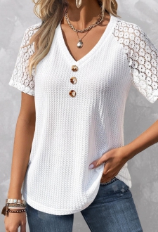 White Patchwork Short Sleeve V Neck T Shirt
