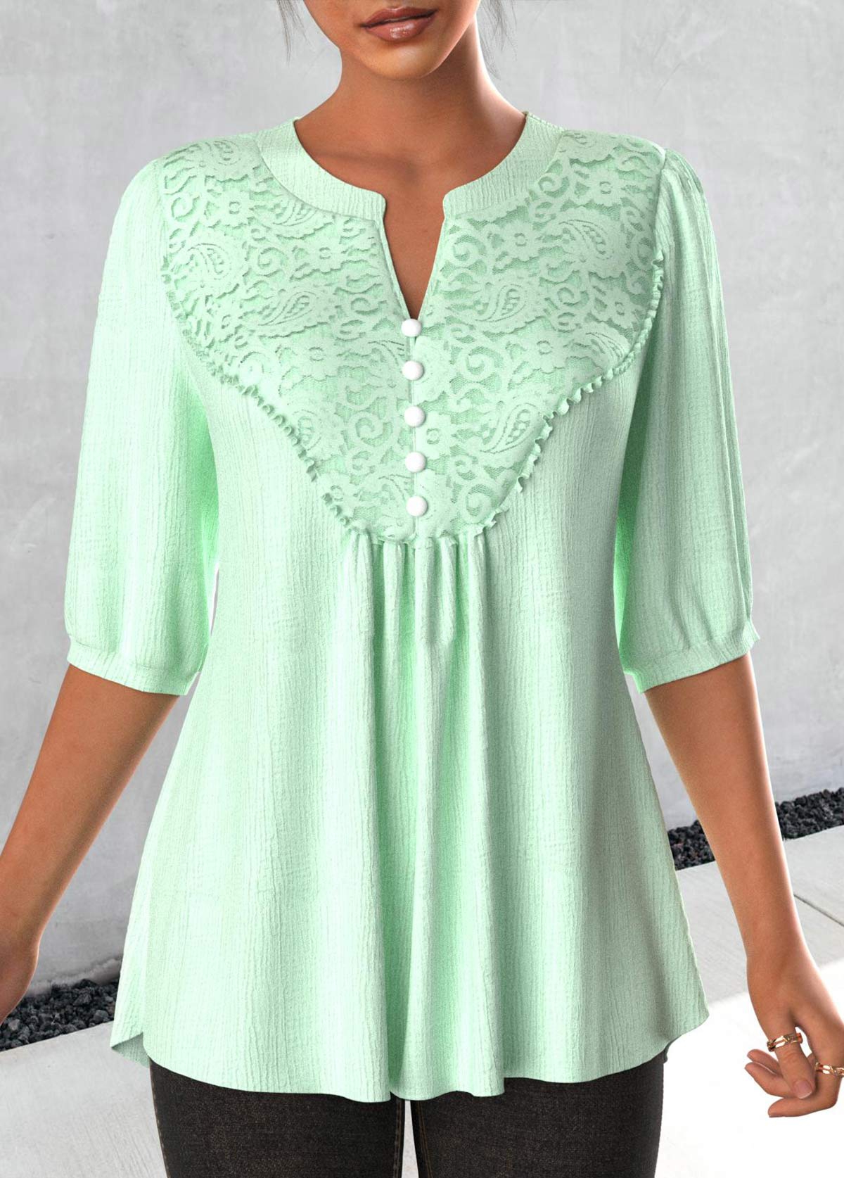 Light Green Lace Three 3/4 Sleeve Blouse