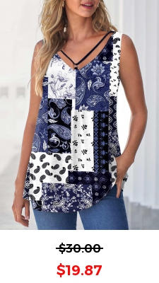Navy Blue Paisley Print Ring Detail Tank Top