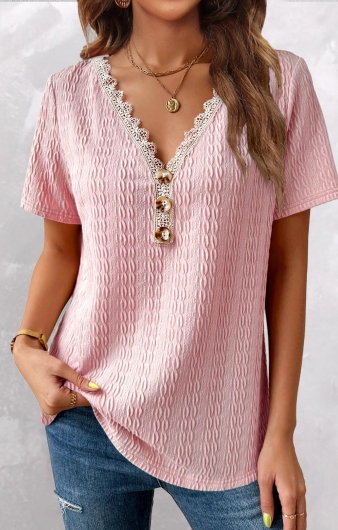 Pink Twisted Short Sleeve V Neck T Shirt