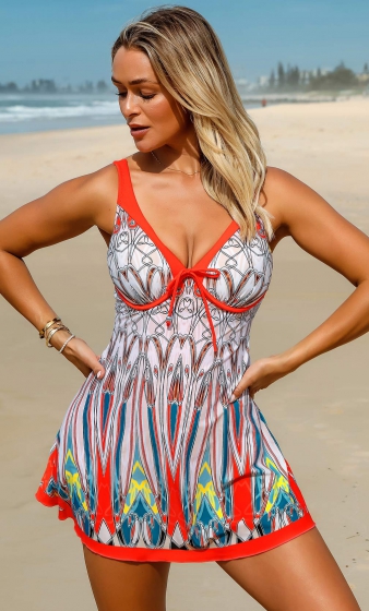 Wide Strap Printed Bowknot Swimdress and Shorts