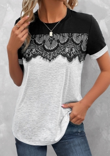 Grey Lace Short Sleeve Round Neck T Shirt