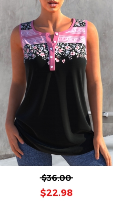 Black Floral Print Split Neck Tank Top