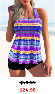 Tie Back Rainbow Stripe Smocked Tankini Set