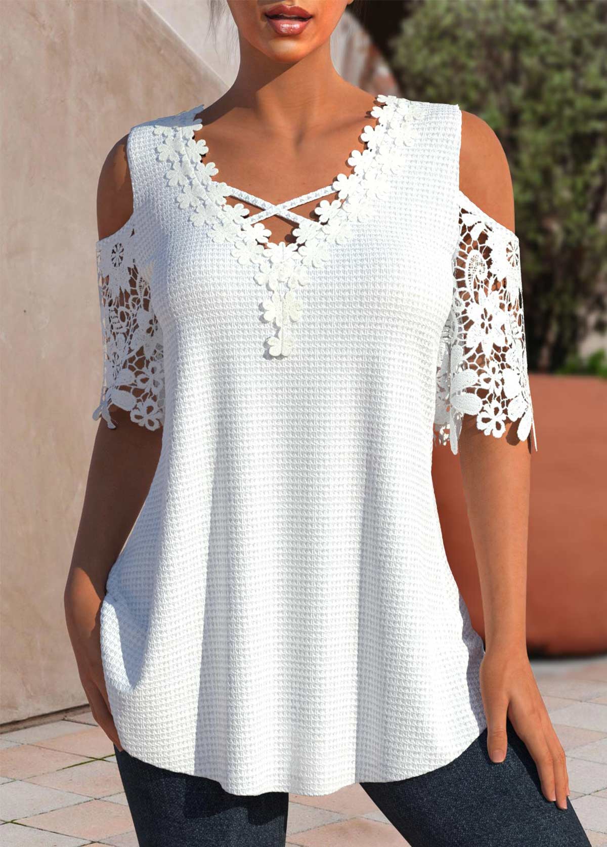 White Patchwork Half Sleeve V Neck T Shirt