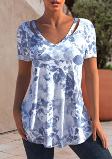 Floral Tie Dye Print Cutout Dusty Blue T Shirt