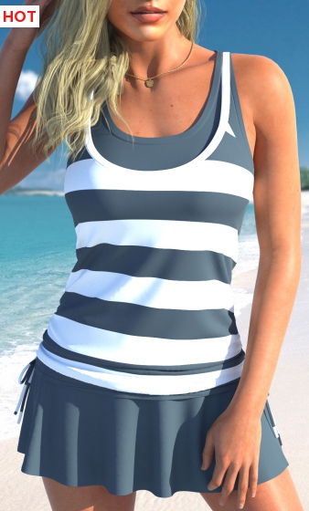 Fake 2in1 Striped Dark Grey Tankini Top