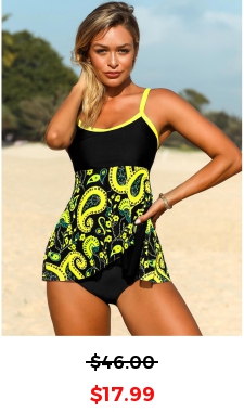 Contrast Piping Paisley Print Asymmetric Hem Tankini Top