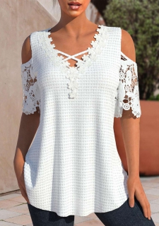 White Patchwork Half Sleeve V Neck T Shirt