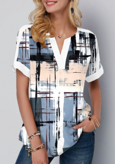 Graffiti Print Split Neck Short Sleeve Blouse