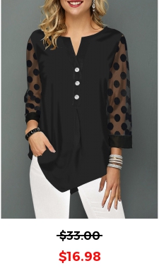 Asymmetric Hem Lace Panel Button Detail Blouse