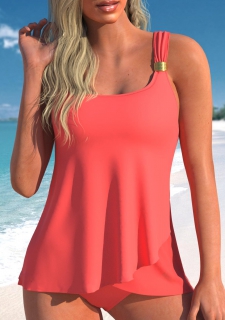 Coral Red Metal Detail Wide Strap Tankini Set