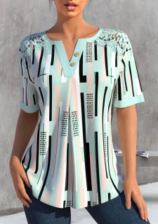 Green Lace Striped Short Sleeve Split Neck Blouse