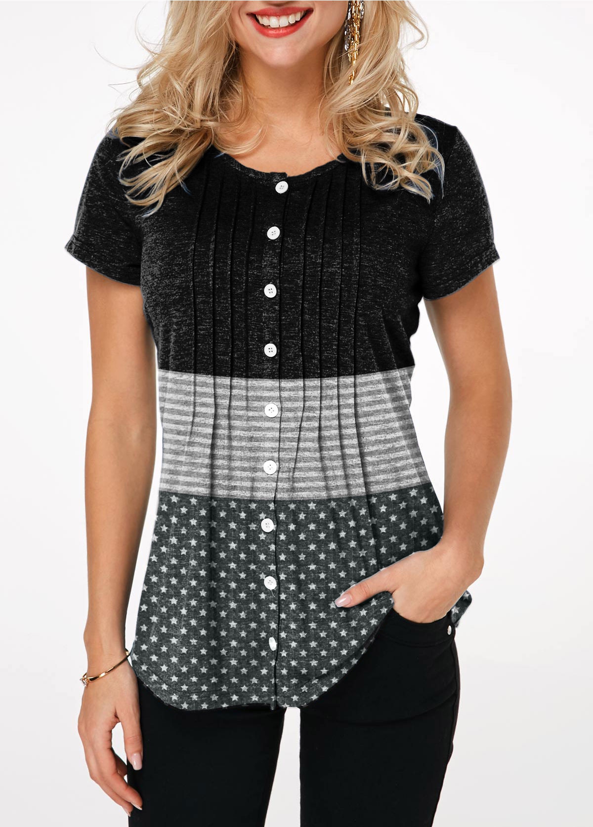 Crinkle Chest Button Up Star Print T Shirt