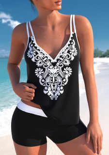 Tribal Print Black Double Straps Tankini Top