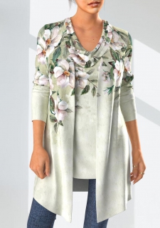 Sage Green Floral Print Long Sleeve Cardigan and Tank Top