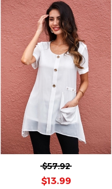 Button Detail Pocket Asymmetric Hem Soft Blouse