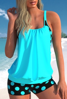 Fake 2in1 Polka Dot Cyan Tankini Top