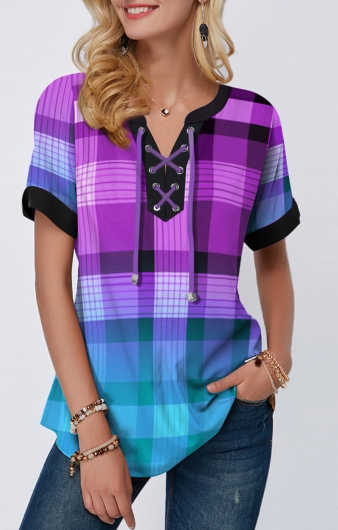 Plaid Print Lace Up Short Sleeve Blouse