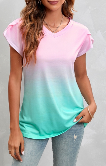 Short Sleeve V Neck Ombre T Shirt