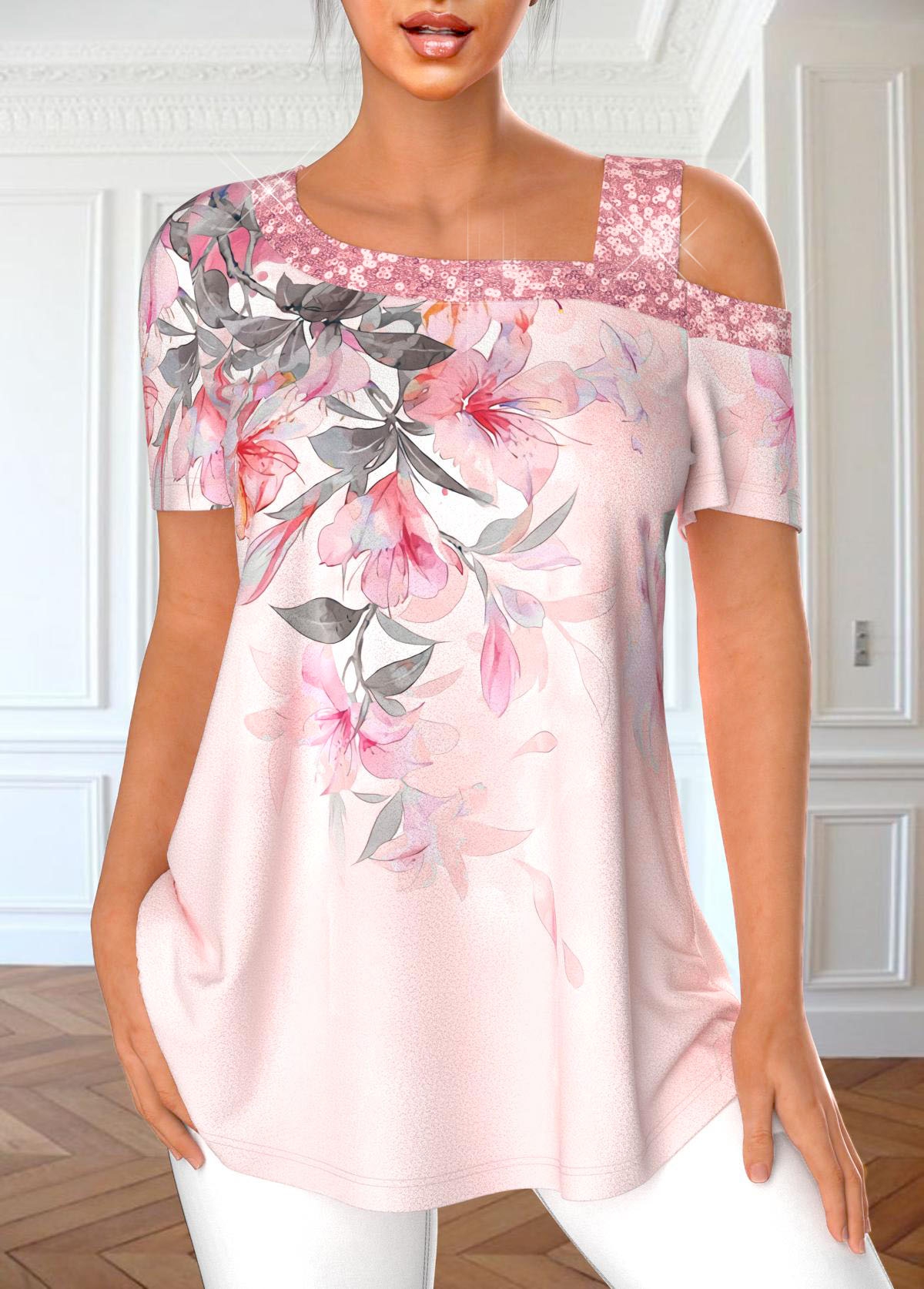 Light Pink Sequin Floral Print T Shirt