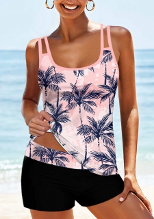 Tropical Plants Print Pink Tankini Top