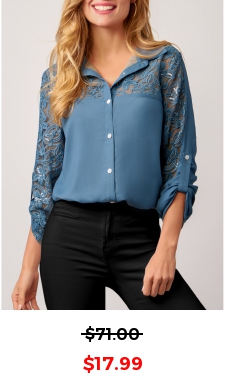 Mesh Stitching Sequin Embroidered Denim Blue Blouse
