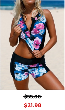 Flower Print Zipper Front Mid Waist Tankini Set