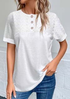 White Embroidery Short Sleeve Round Neck Blouse