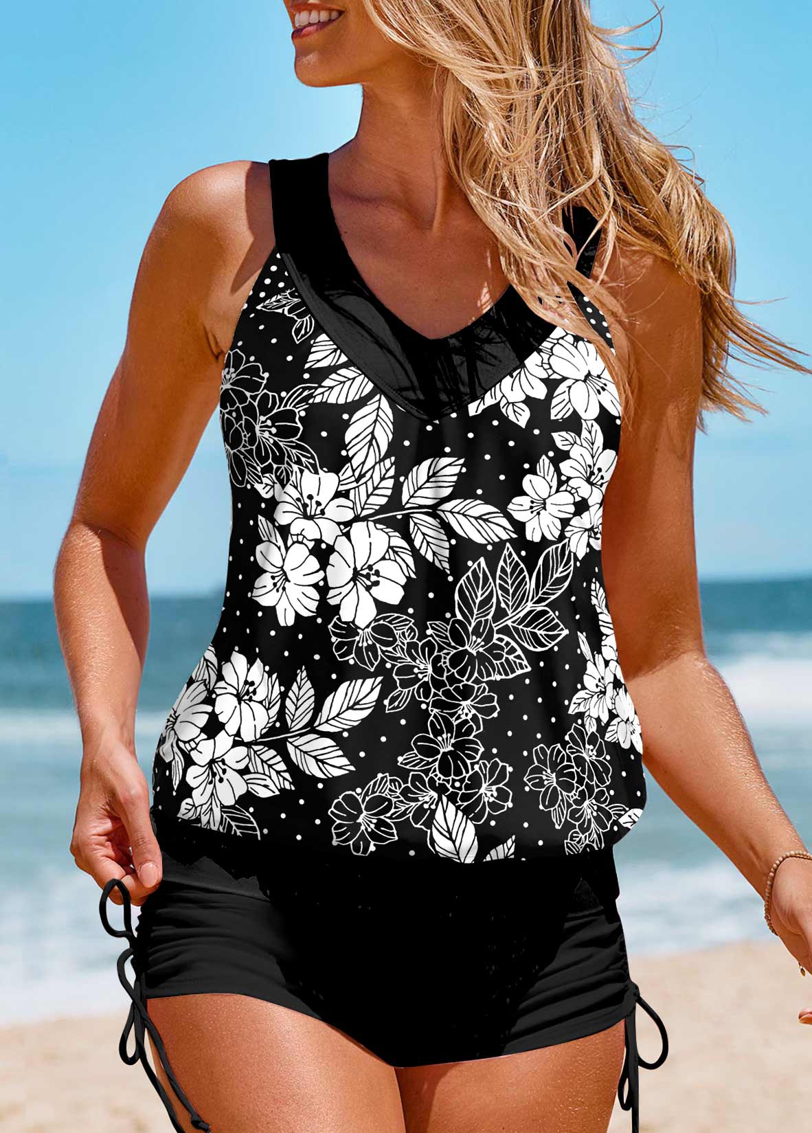 Patchwork Floral Print Black Tankini Top